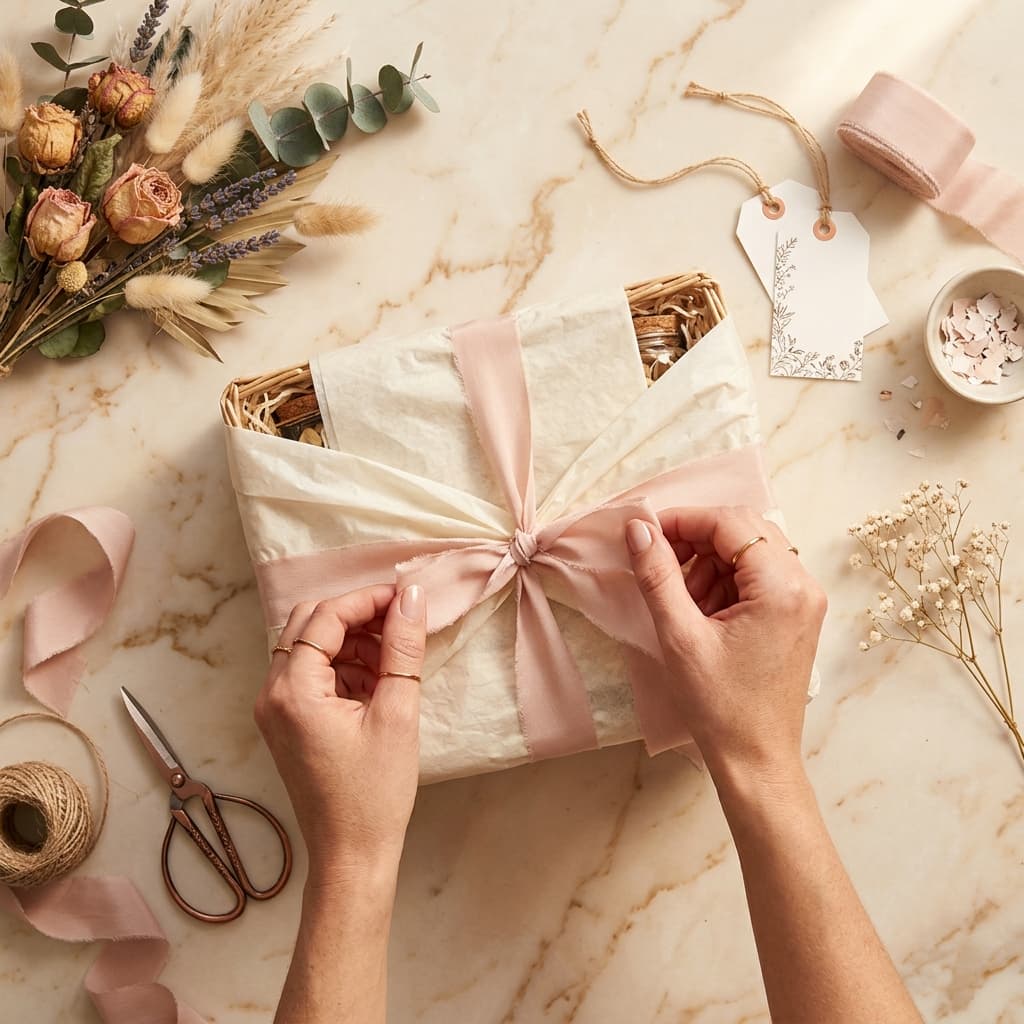 Hands carefully wrapping a curated gift hamper with cream tissue and blush ribbon