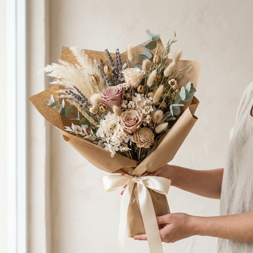 Elegant dried flower bouquet in cream and blush tones wrapped in kraft paper