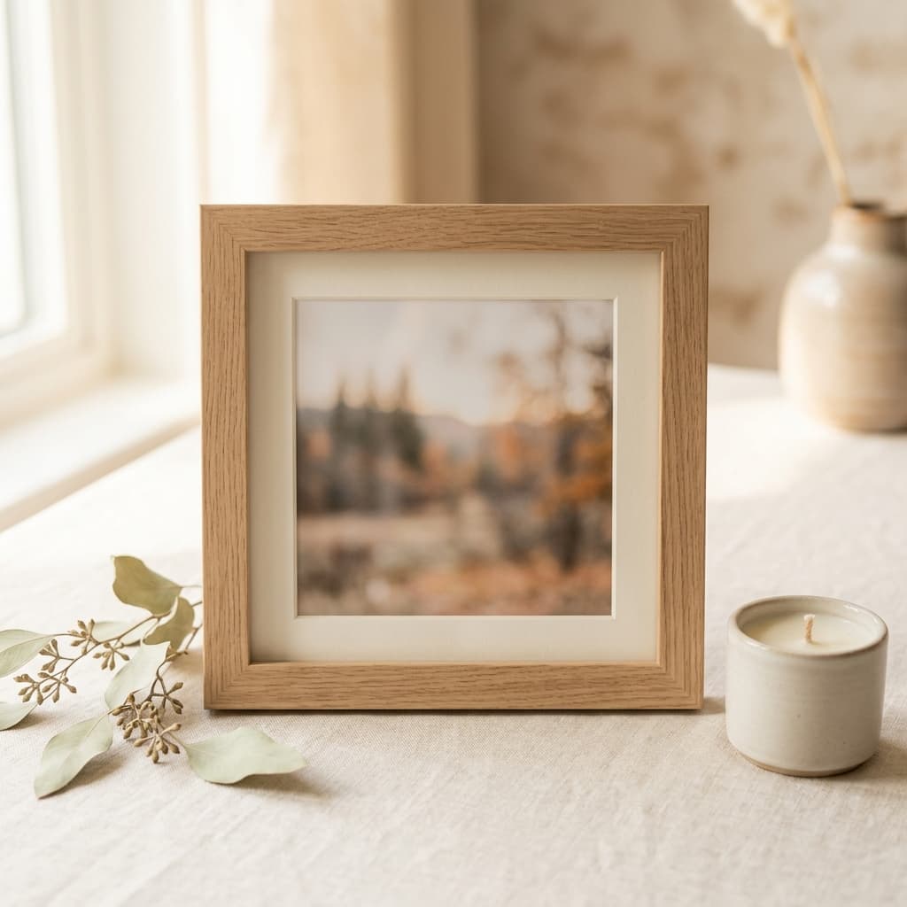 Minimal wooden photo frame styled with dried eucalyptus and a cream candle