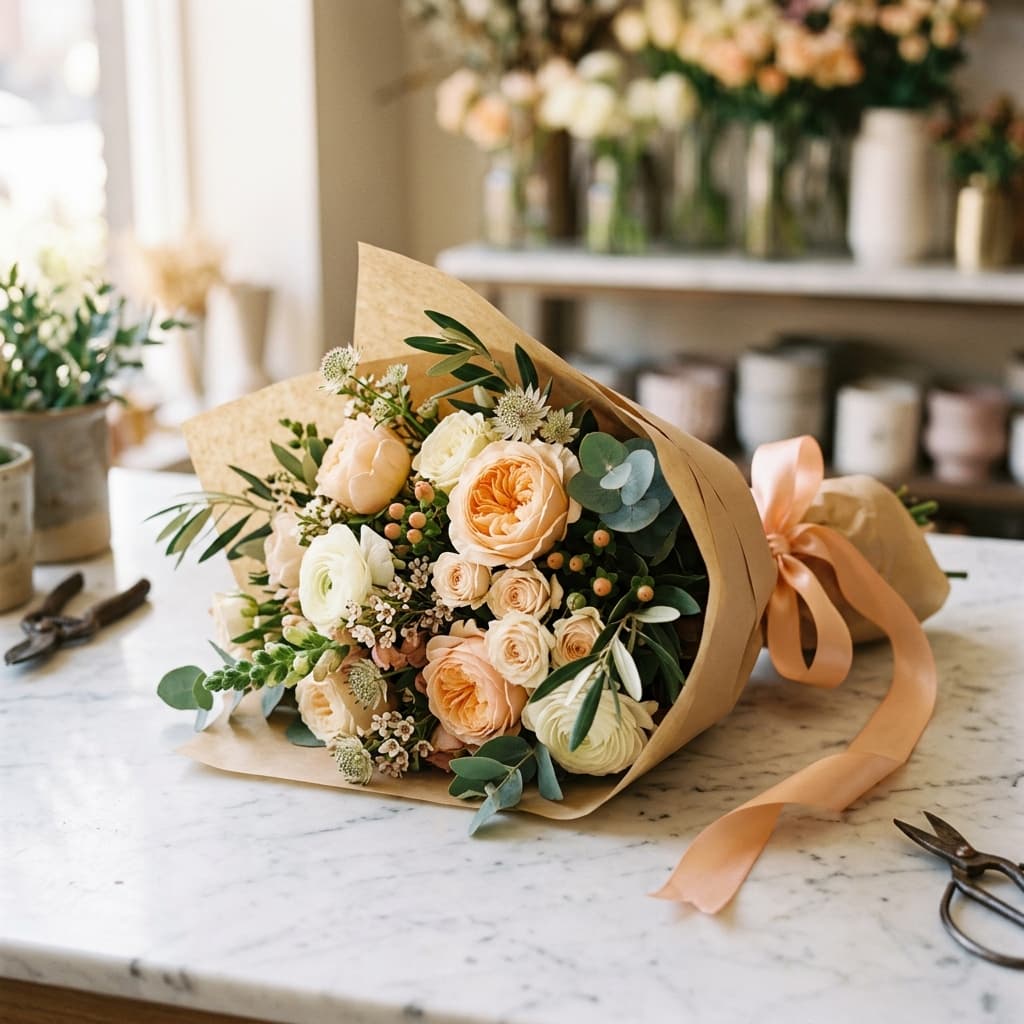 Fresh peach and cream rose bouquet