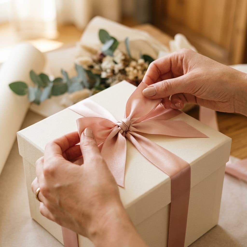 Hands tying a blush ribbon on a cream gift box