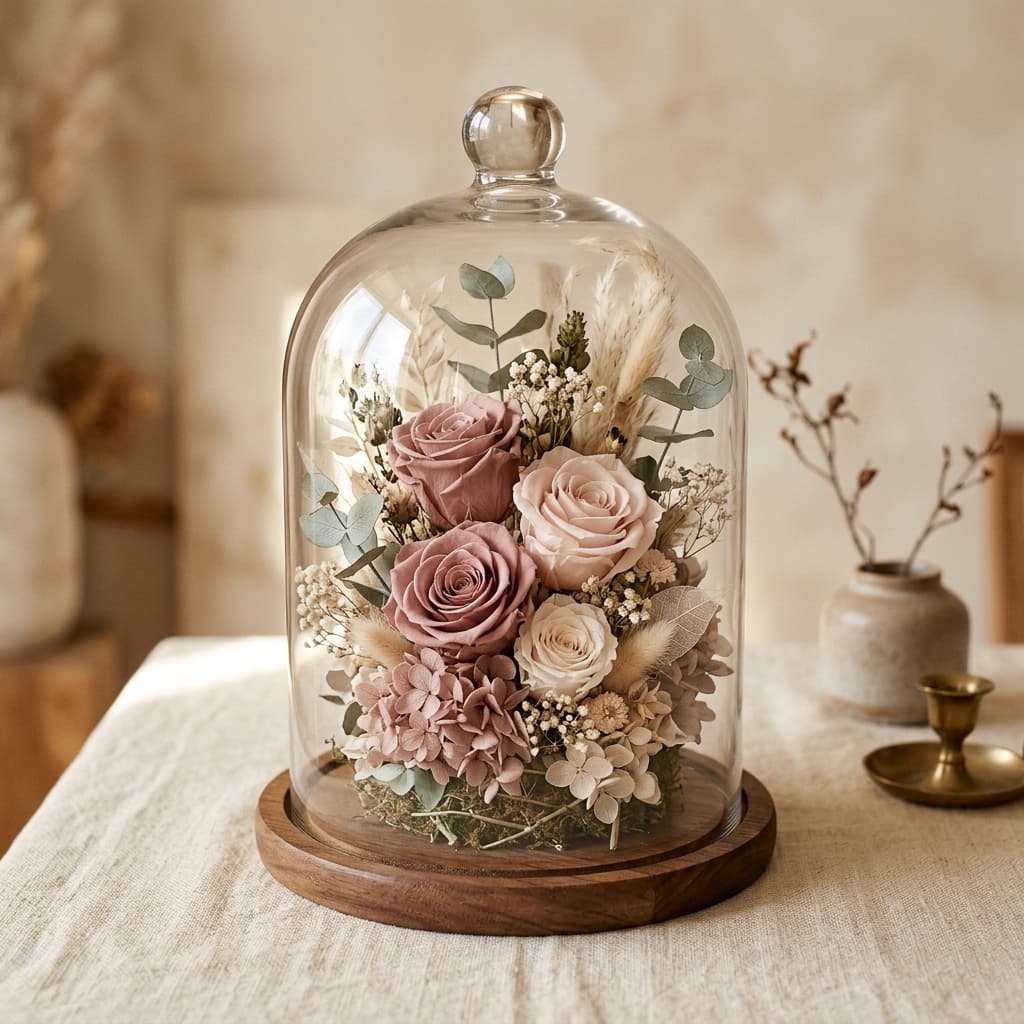 Preserved flower arrangement in a glass dome
