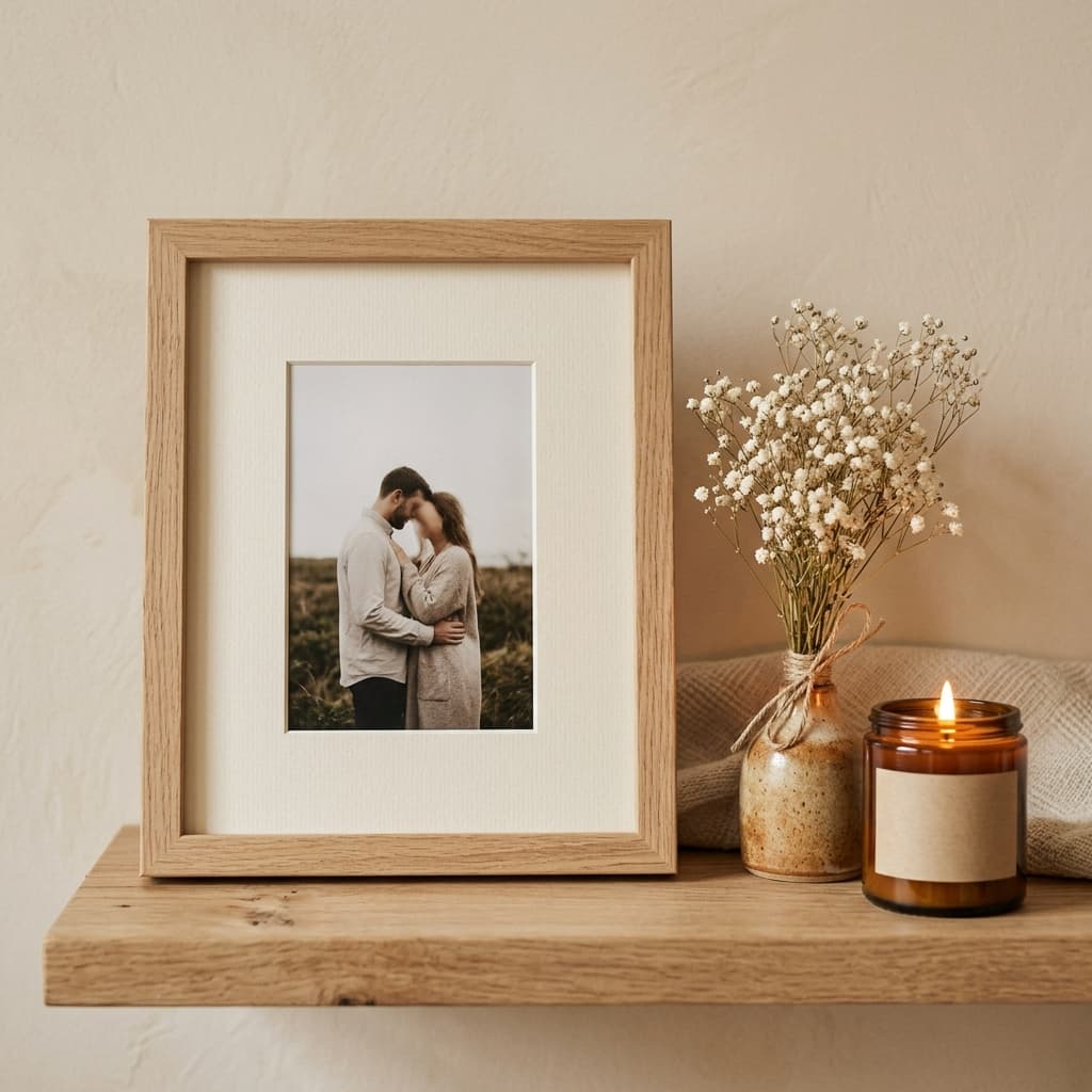 Minimalist wooden photo frame with dried flowers